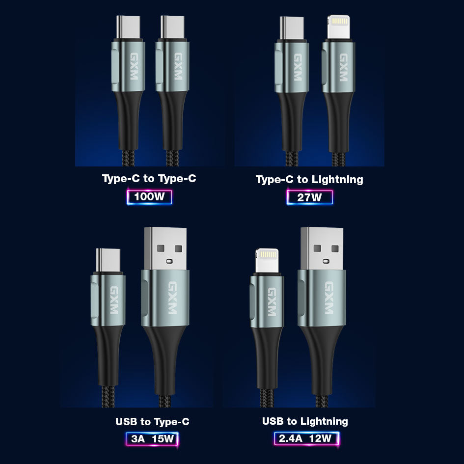 GXM 100W Ultra-Fast Charging Data Cable Type-C Lightning USB 1M 2M Data Transfer Durable Bends Temperature Control 27W Apple Fast 30W PD iPad Fast Charging