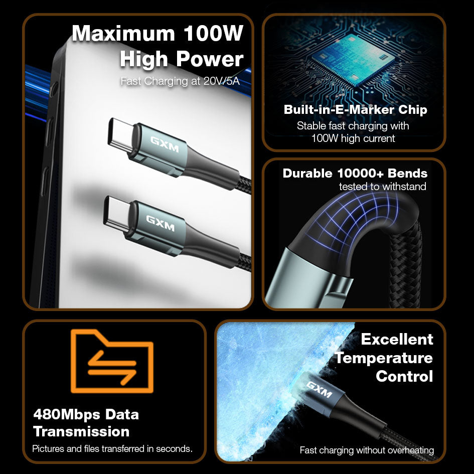 GXM 100W Ultra-Fast Charging Data Cable Type-C Lightning USB 1M 2M Data Transfer Durable Bends Temperature Control 27W Apple Fast 30W PD iPad Fast Charging