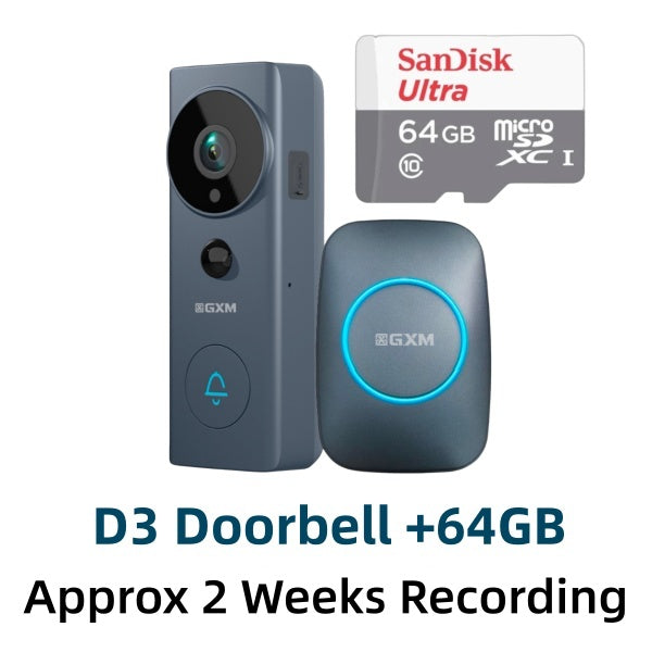 GXM D3 Pro Video Doorbell Camera 2-Way Conversation Cordless and Wired Powered 140° Super Wide Angle 3m Sticker Waterproof 5200mAh Rechargeable Battery