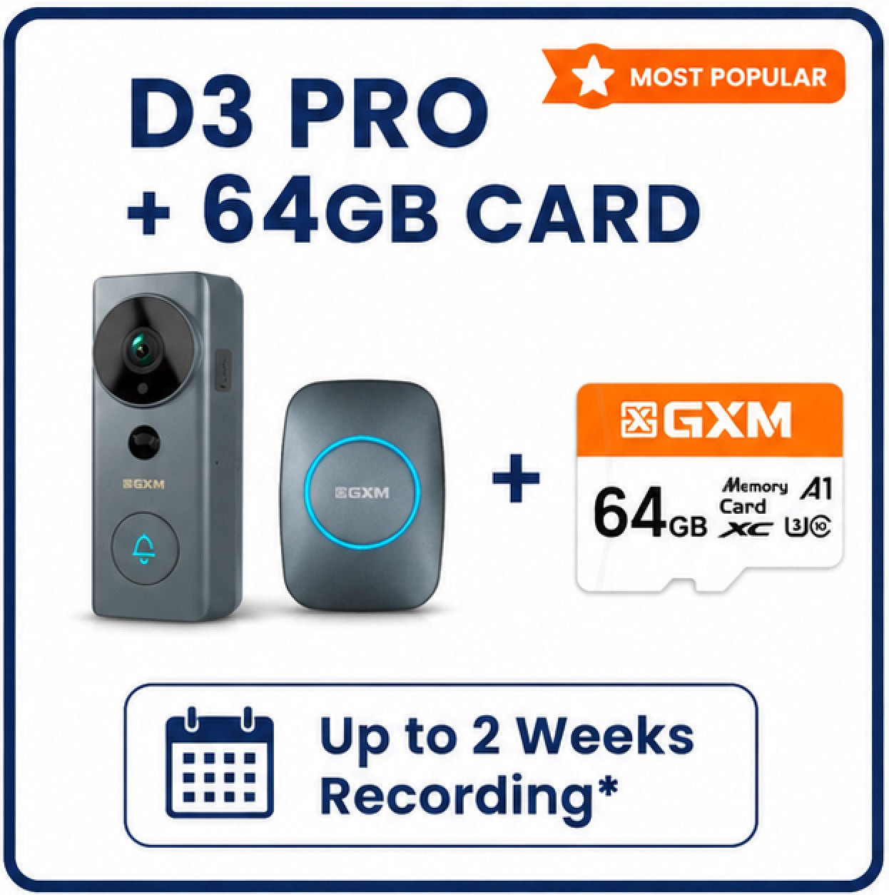 GXM D3 Pro Video Doorbell Camera 2-Way Conversation Cordless and Wired Powered 140° Super Wide Angle 3m Sticker Waterproof 5200mAh Rechargeable Battery