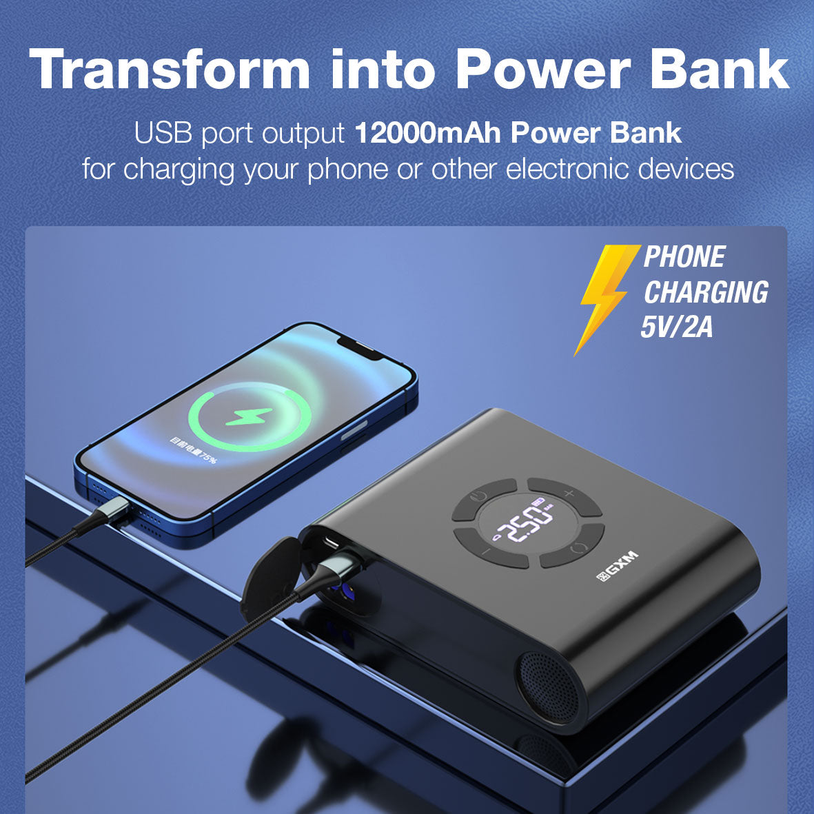 GXM Car Jump Starter Air Pump Starter Kit Power Bank Light 12000mAh 1200A Built-in Nozzle with Casing AP-02  For Car Motorbike tyres Bicycle Bike Ball Pump