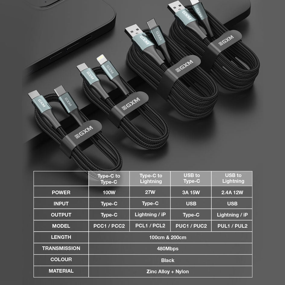 GXM 100W Ultra-Fast Charging Data Cable Type-C Lightning USB 1M 2M Data Transfer Durable Bends Temperature Control 27W Apple Fast 30W PD iPad Fast Charging