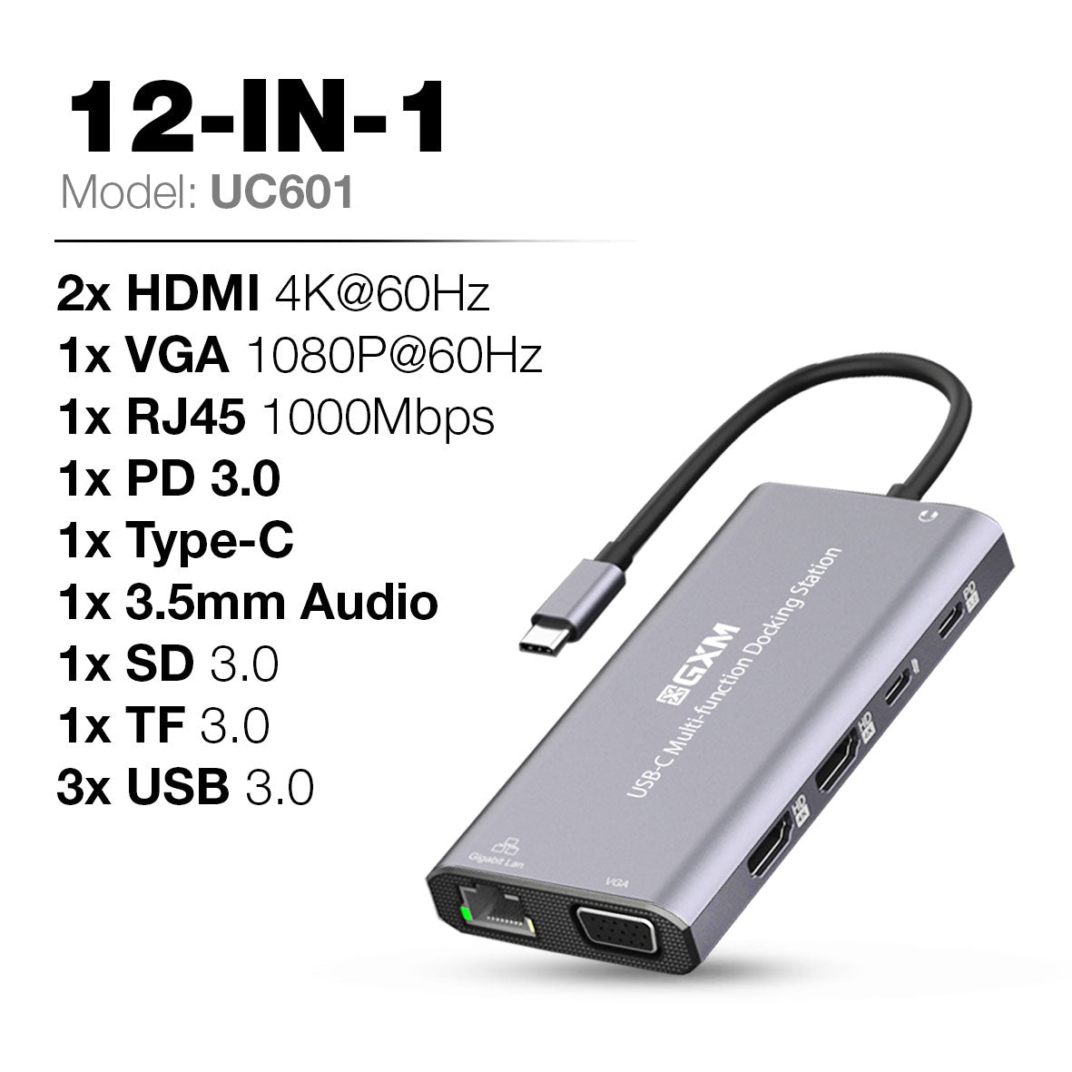 GXM 12 IN 1 USB-C Multi-function Hub 2x HDMI RJ45 LAN Type-C PD Charging TF SD Card Slot 3x USB Laptop Phone UC601