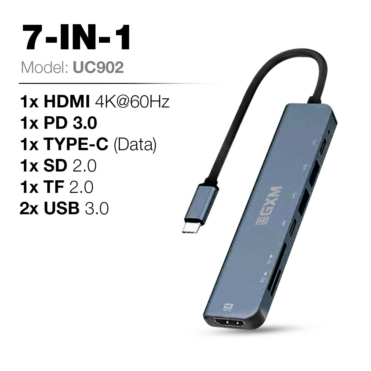 GXM 7 IN 1 USB-C Docking Station Hub HDMI PD Charging Type-C Hub 2x 1x SD TF Card Slot Laptop Mobile Phone UC902