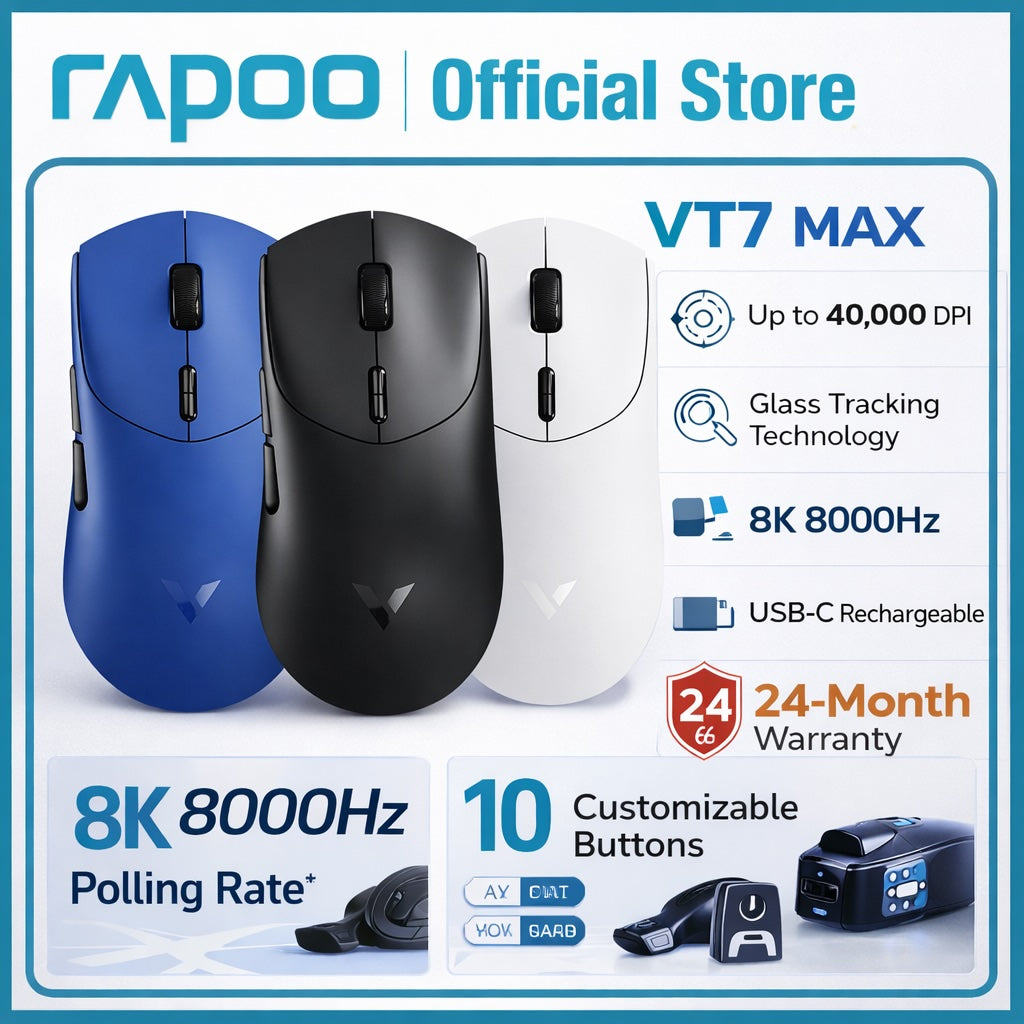 RAPOO VT7 MAX High-End Wireless Gaming Mouse | 40,000 DPI | 8K Polling Rate | Bluetooth / 2.4G / Wired | USB-C Charging | 24-Month Warranty