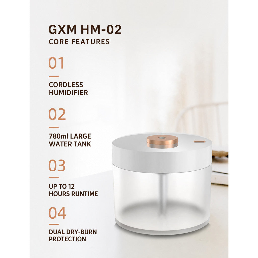 GXM HM-02 Cordless Humidifier 780ml | Rechargeable Cool Mist Humidifier with Ambient Light