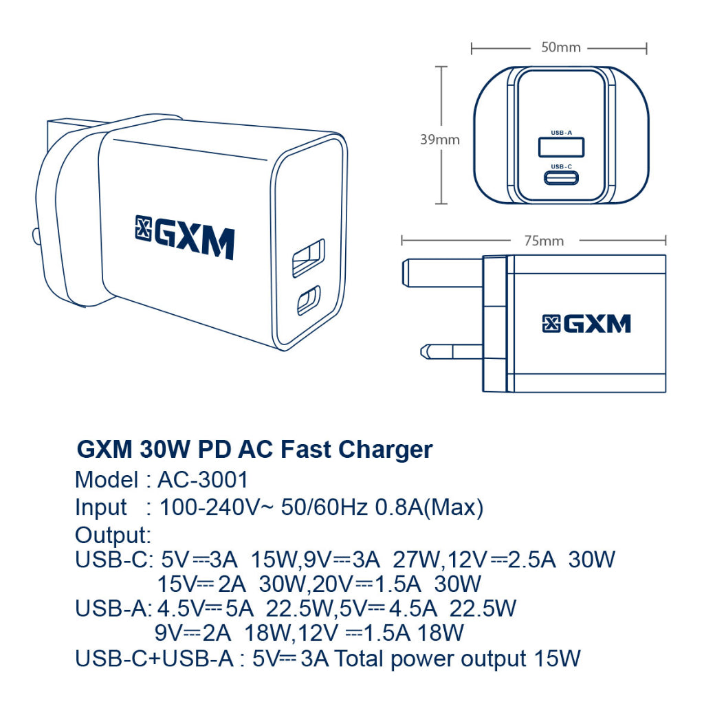 GXM 30W Safety Mark Fast Charging Charger 1xType C 1xUSB Fast Charge Wall Charger Adapter Wall Charger 230083-24