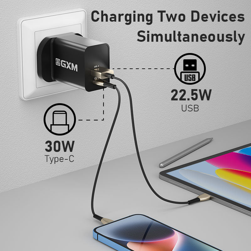 GXM 30W Safety Mark Fast Charging Charger 1xType C 1xUSB Fast Charge Wall Charger Adapter Wall Charger 230083-24