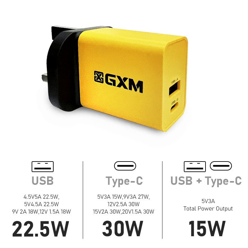 GXM 30W Safety Mark Fast Charging Charger 1xType C 1xUSB Fast Charge Wall Charger Adapter Wall Charger 230083-24