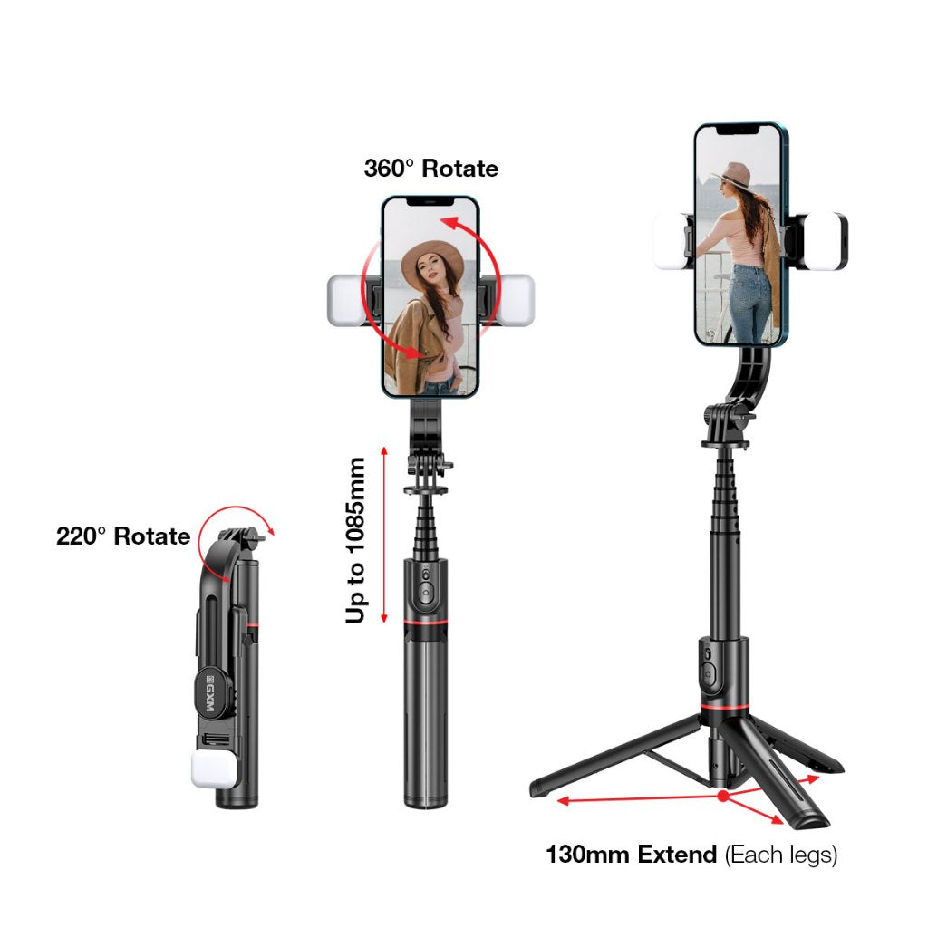 GXM Selfie Stick LED Light Phone Holder Bluetooth Tripod Twins Lights Premium Aluminum Travel SS02