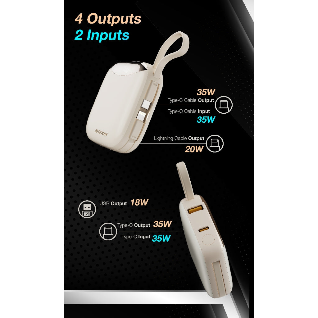 GXM 35W Portable Power Bank Fast Charging Charge 4 devices simultaneously Built-in Type-C Lighlning Cable