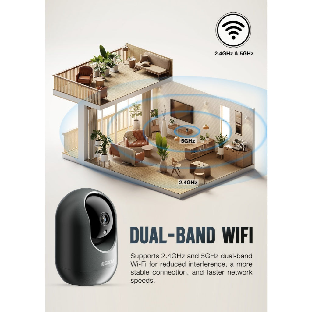 GXM P5 3K Smart Camera CCTV 5 MP Ultra Clear 5G 2.4G 24/7 Recording Rotation Apps Control Motion Detection Tracking