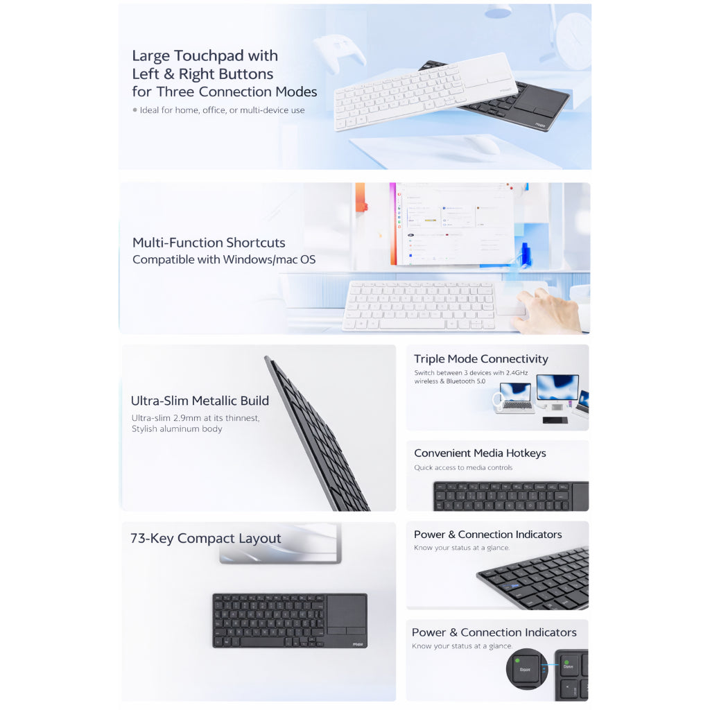 Rapoo E900T Wireless Keyboard with Touchpad | Bluetooth 5.0 / 4.0 & 2.4GHz | Multi-Device | Windows & macOS