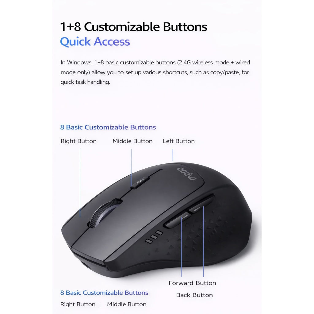 Rapoo MT550L Wireless Mouse | PAW3220 Sensor | Bluetooth 5.0 / 2.4G / Wired | 4000 DPI | USB-C Rechargeable | Multi-Devi
