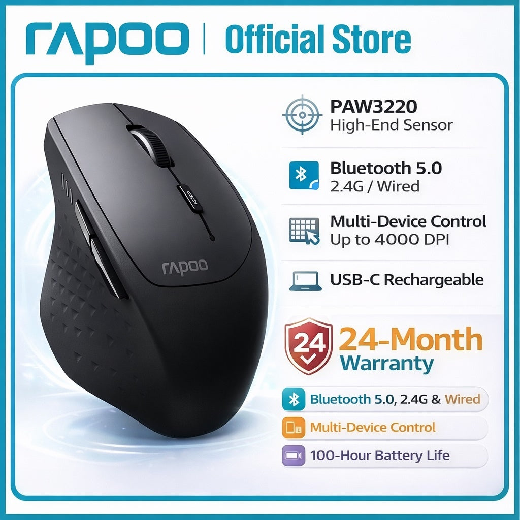 Rapoo MT550L Wireless Mouse | PAW3220 Sensor | Bluetooth 5.0 / 2.4G / Wired | 4000 DPI | USB-C Rechargeable | Multi-Devi