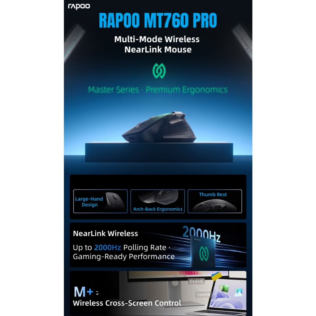 Rapoo MT760 PRO NearLink Wireless Mouse | 2000Hz Multi-Device Ergonomic Mouse