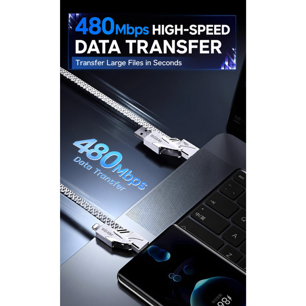 GXM 100W 4 in 1 Fast Charging Data Cable PD, USB-C & USB-A to Type-C/Lightning, 480Mbps, 1.2m Braided Cable CBT100