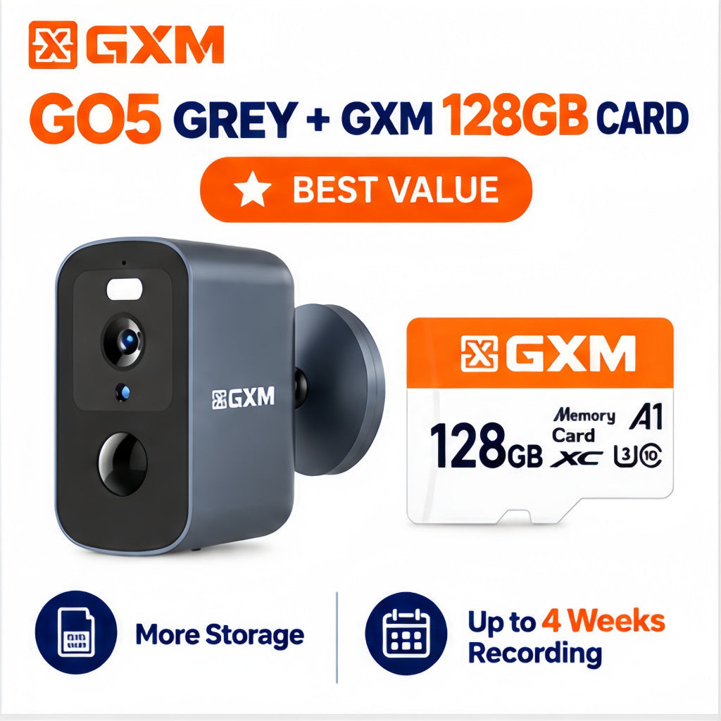 GXM GO5 4G LTE Security Wireless Camera 3K 5MP SIM Card Battery Powered AI Human Detection IP66 Outdoor No WiFi Required