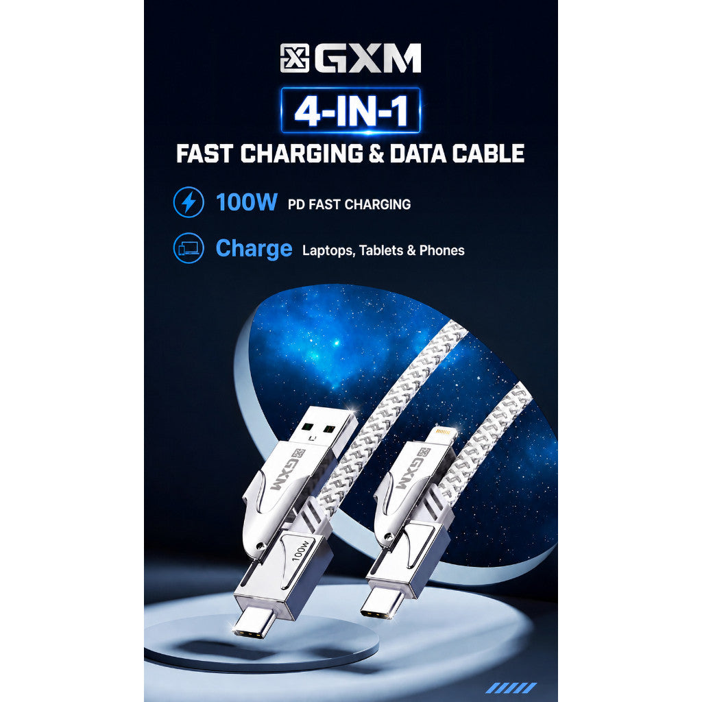 GXM 100W 4 in 1 Fast Charging Data Cable PD, USB-C & USB-A to Type-C/Lightning, 480Mbps, 1.2m Braided Cable CBT100