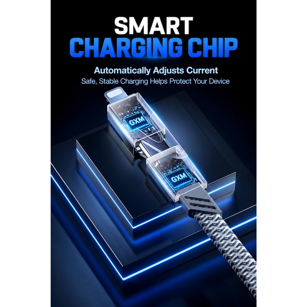 GXM 100W 4 in 1 Fast Charging Data Cable PD, USB-C & USB-A to Type-C/Lightning, 480Mbps, 1.2m Braided Cable CBT100
