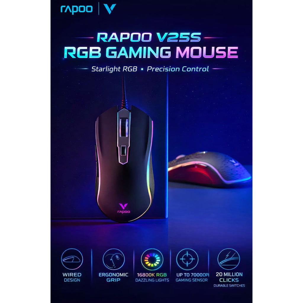 RAPOO V25S RGB Wired Gaming Mouse | 3325 Optical Sensor | 200β5000 DPI | 1000Hz 8 Programmable Buttons 2 Years Warranty