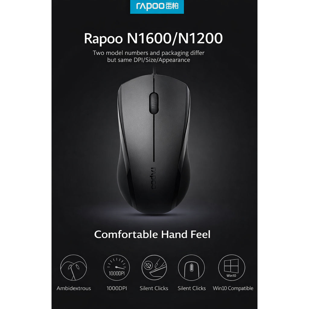 Rapoo N1200 Silent Wired Optical Mouse | 1000 DPI |Ambidextrous Design | USB Plug & Play | Windows Compatible