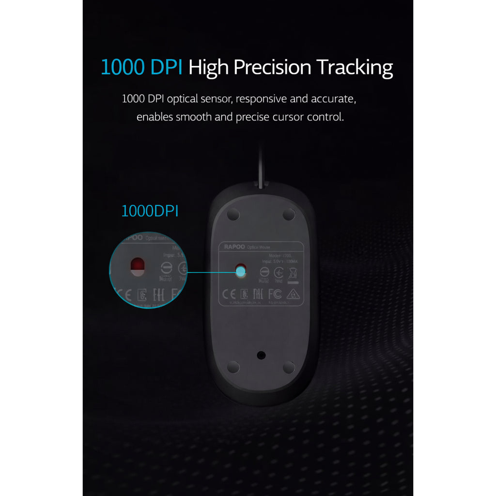 RAPOO N200 Wired Optical Mouse | 1000 DPI High Precision | Ergonomic Ambidextrous Design | USB Plug & Play