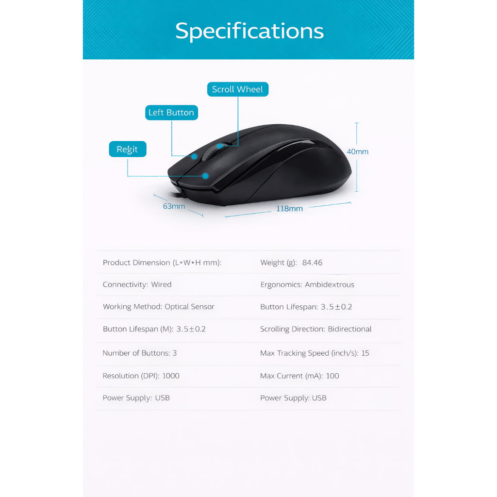 Rapoo N1200 Silent Wired Optical Mouse | 1000 DPI |Ambidextrous Design | USB Plug & Play | Windows Compatible