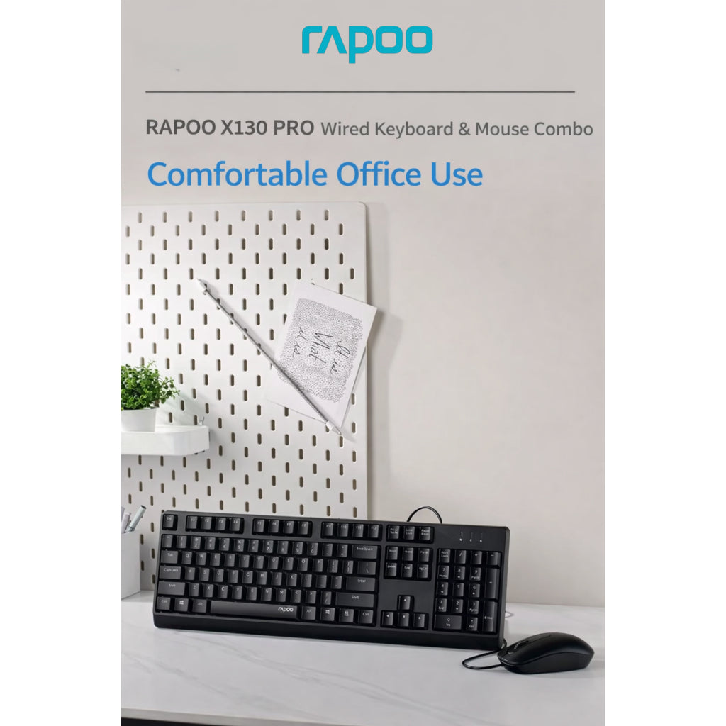 RAPOO X130 Pro Wired Keyboard & Mouse Combo | Spill-Resistant | Ergonomic Design | USB Plug & Play | 1000 DPI Mouse | 24 Months Warranty