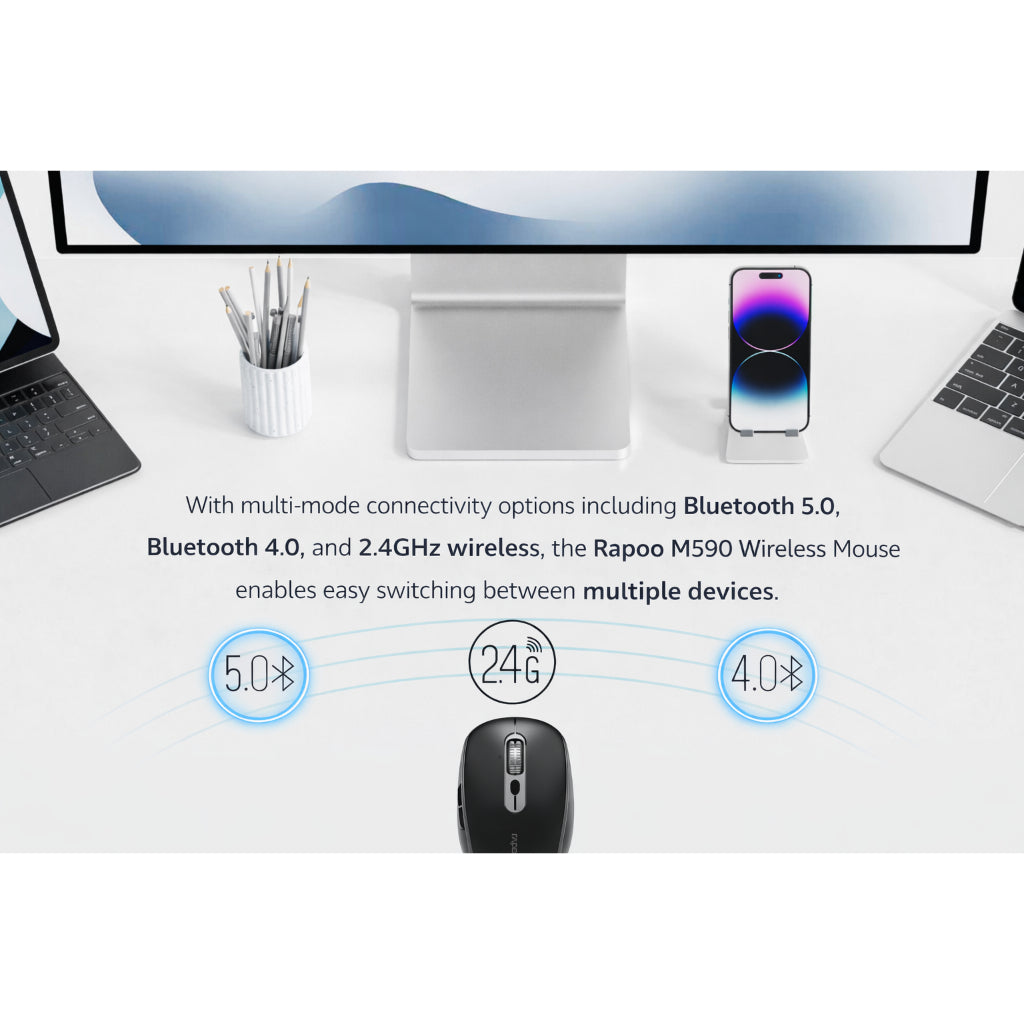 RAPOO M590 Silent Multi-Mode Wireless Mouse | 2.4G + Bluetooth 4.0/5.0 | 4800 DPI | 24 Months Warranty
