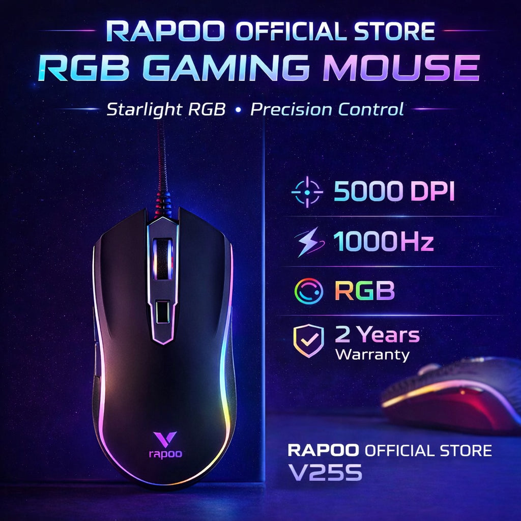 RAPOO V25S RGB Wired Gaming Mouse | 3325 Optical Sensor | 200β5000 DPI | 1000Hz 8 Programmable Buttons 2 Years Warranty