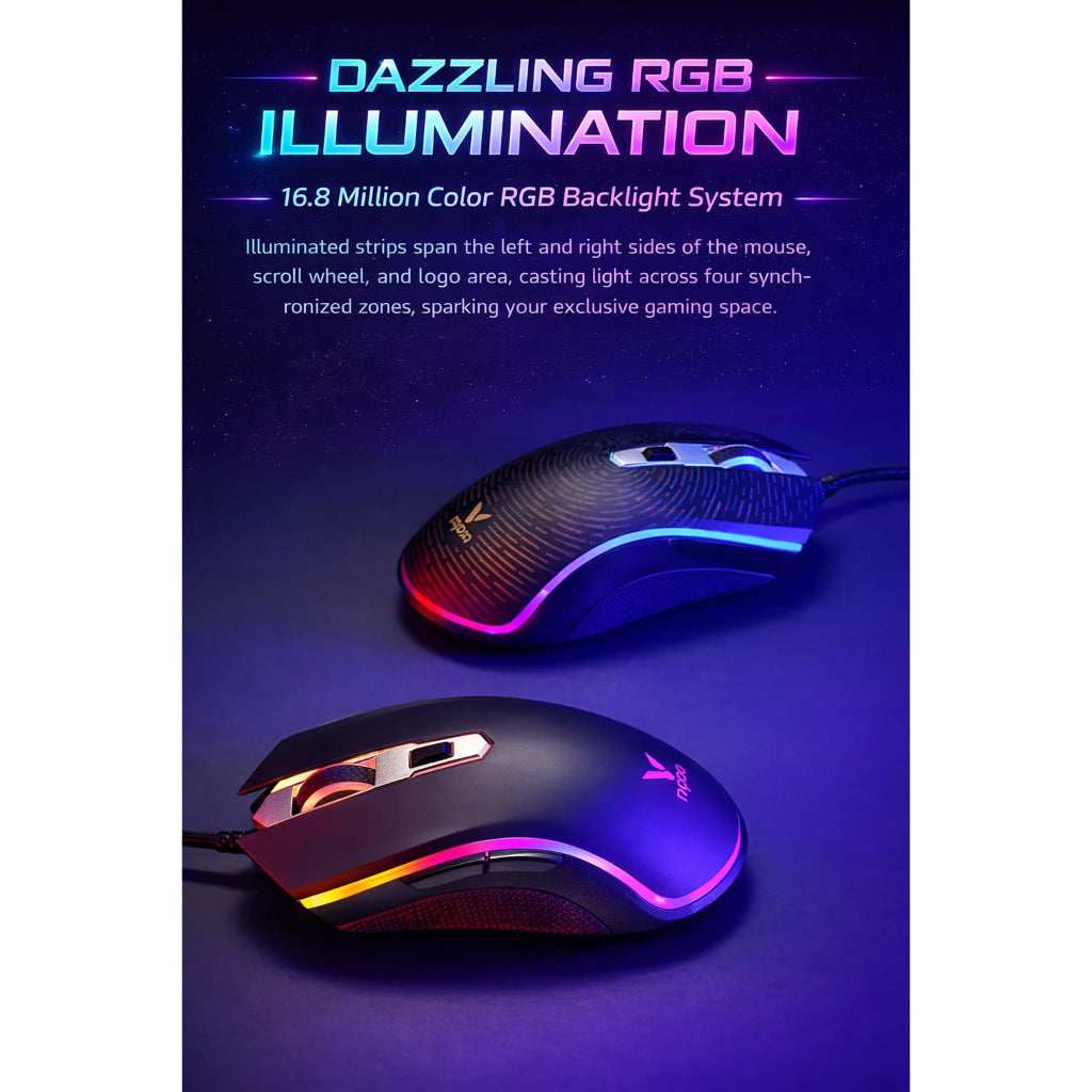 RAPOO V25S RGB Wired Gaming Mouse | 3325 Optical Sensor | 200β5000 DPI | 1000Hz 8 Programmable Buttons 2 Years Warranty