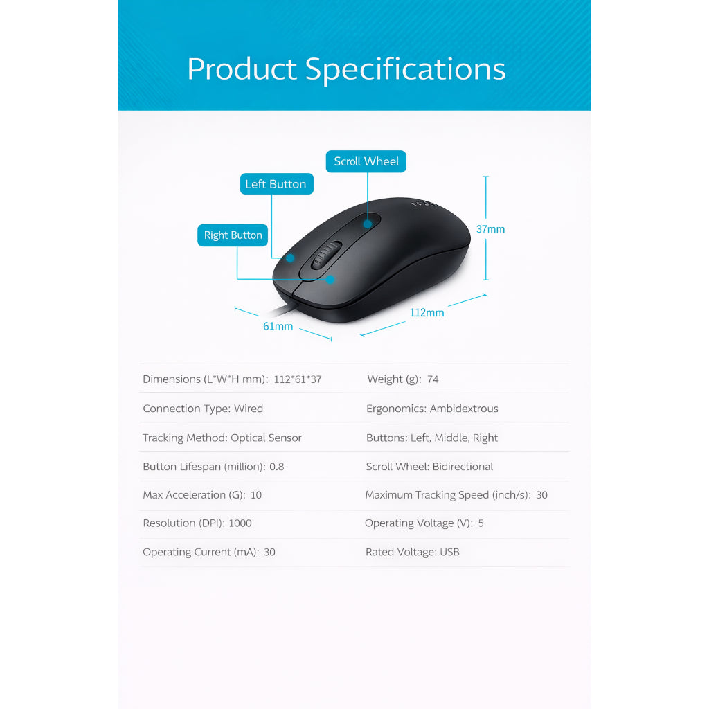 RAPOO N200 Wired Optical Mouse | 1000 DPI High Precision | Ergonomic Ambidextrous Design | USB Plug & Play