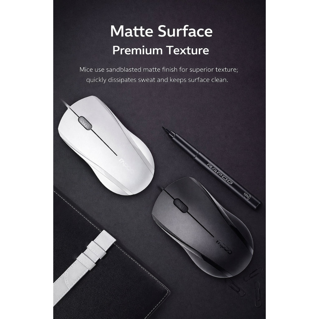 Rapoo N1200 Silent Wired Optical Mouse | 1000 DPI |Ambidextrous Design | USB Plug & Play | Windows Compatible