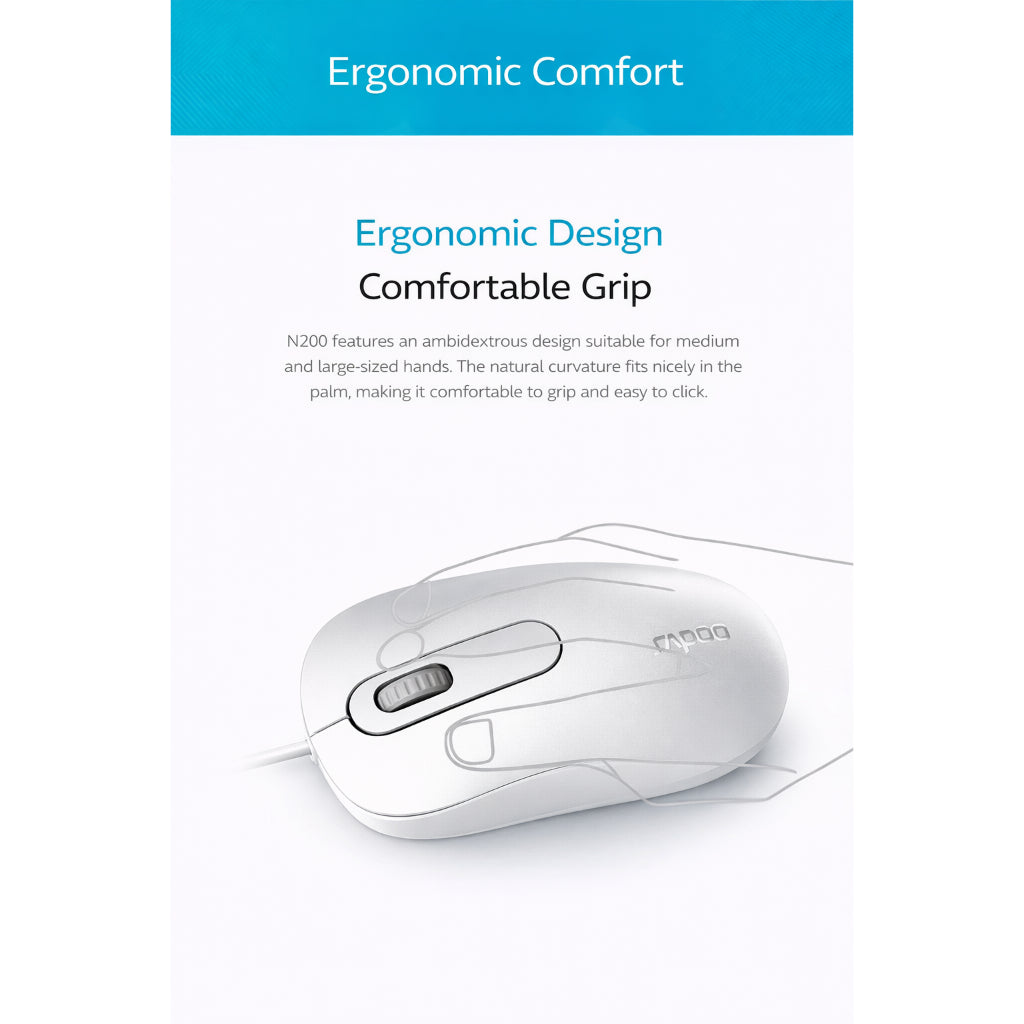 RAPOO N200 Wired Optical Mouse | 1000 DPI High Precision | Ergonomic Ambidextrous Design | USB Plug & Play