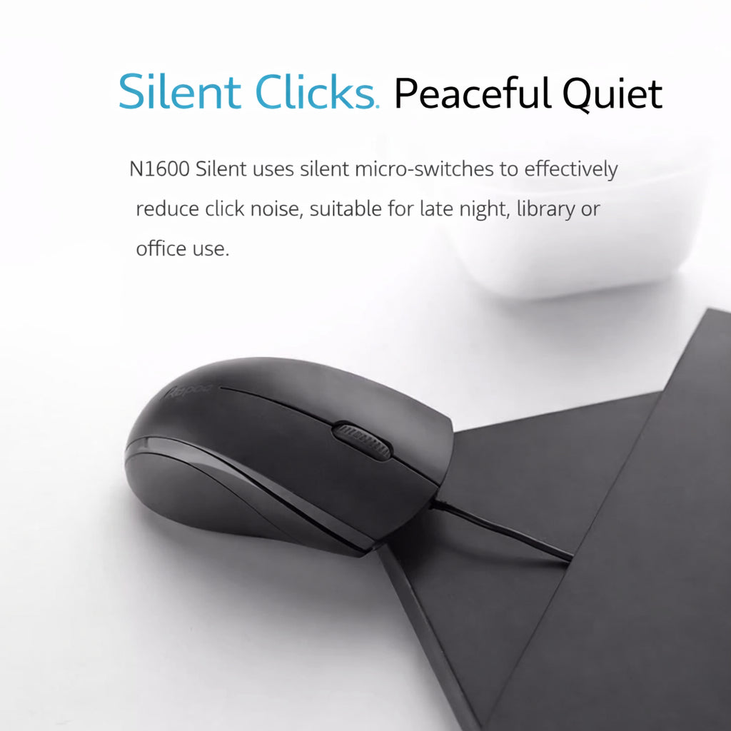 Rapoo N1200 Silent Wired Optical Mouse | 1000 DPI |Ambidextrous Design | USB Plug & Play | Windows Compatible