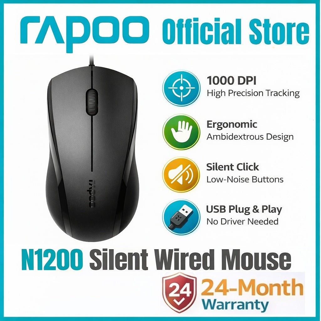 Rapoo N1200 Silent Wired Optical Mouse | 1000 DPI |Ambidextrous Design | USB Plug & Play | Windows Compatible