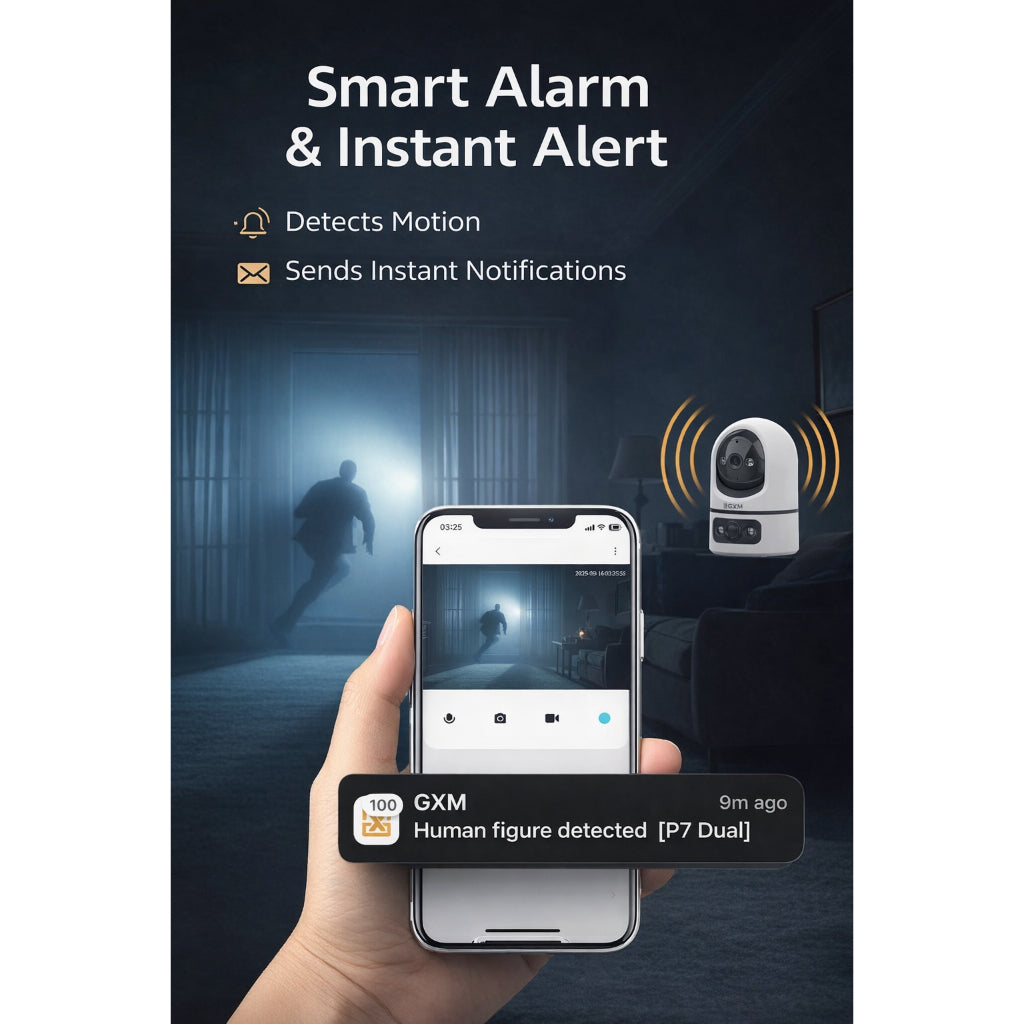 GXM P7 Dual Lens 2K Smart CCTV | 360° PTZ Auto Tracking | Fixed Wide View | Sound & Light Alarm | Dual-Band WiFi | Cloud