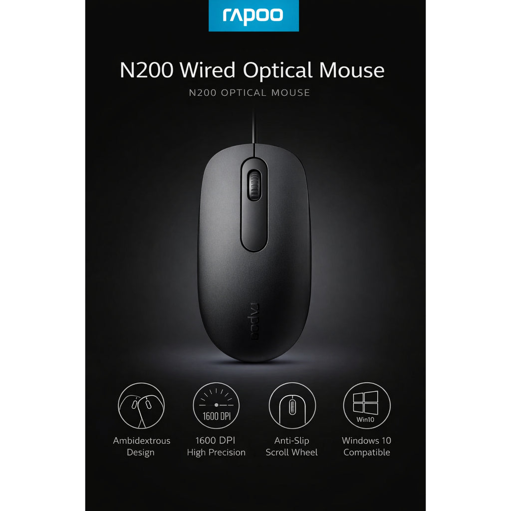 RAPOO N200 Wired Optical Mouse | 1000 DPI High Precision | Ergonomic Ambidextrous Design | USB Plug & Play