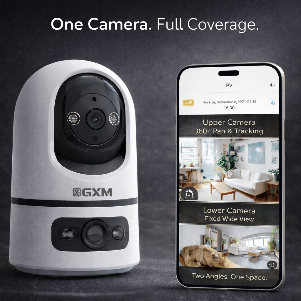 GXM P7 Dual Lens 2K Smart CCTV | 360° PTZ Auto Tracking | Fixed Wide View | Sound & Light Alarm | Dual-Band WiFi | Cloud