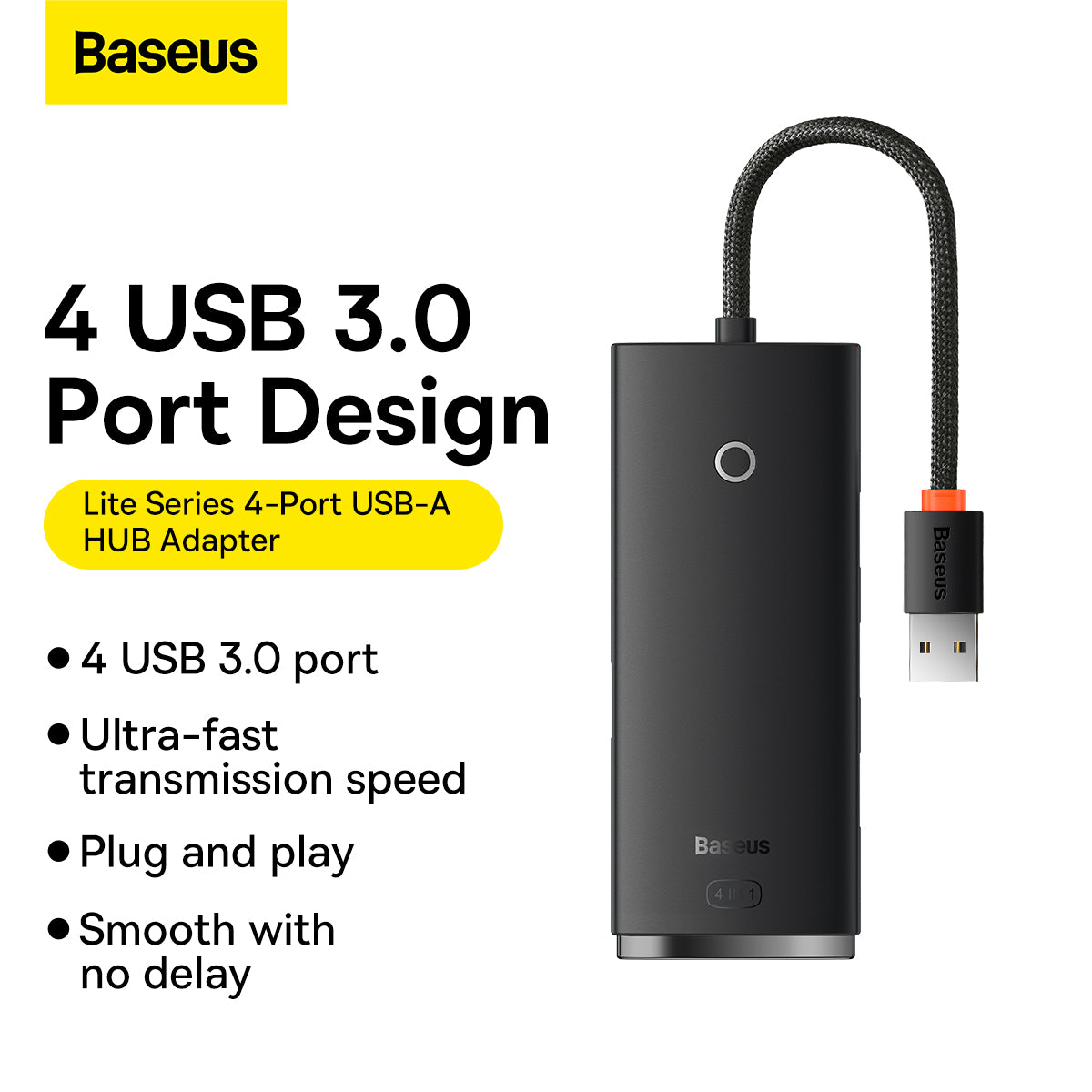 Baseus Lite Series 4-Port USB-A & Type-C Hub Adapter 5Gbps Data Transmission Plug and Play Windows macOS Linux Android IOS -Black