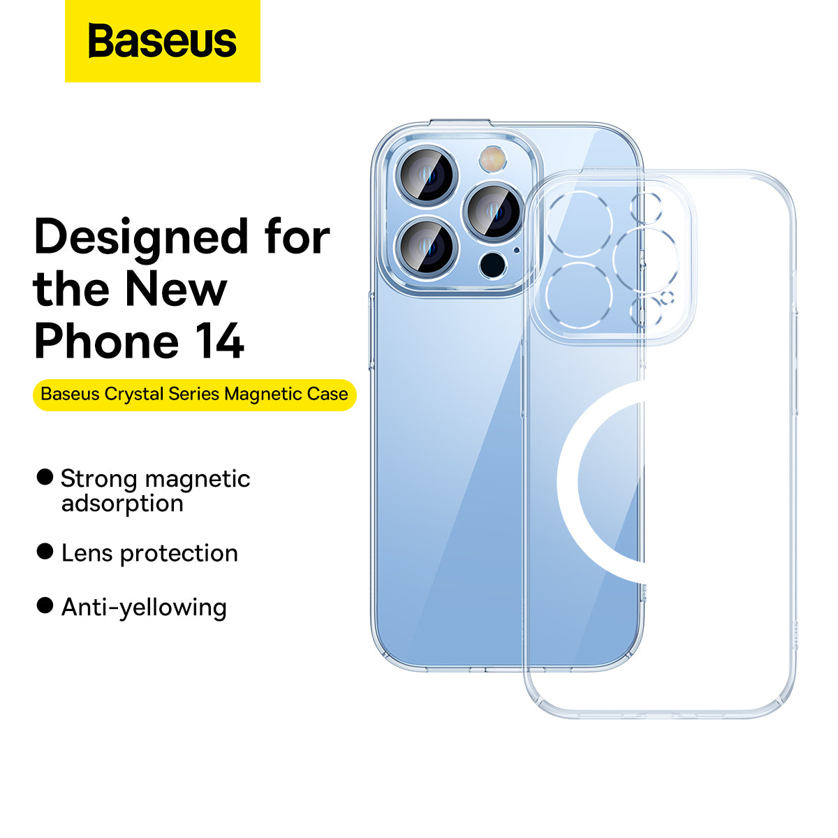 Baseus iP 14 Crystal Series Magnetic Case + FREE Tempered Glass Screen Protector Magsafe Compatible Hard Casing Clear Transparent Anti Yellowing For iPhone 14 Pro Max Plus