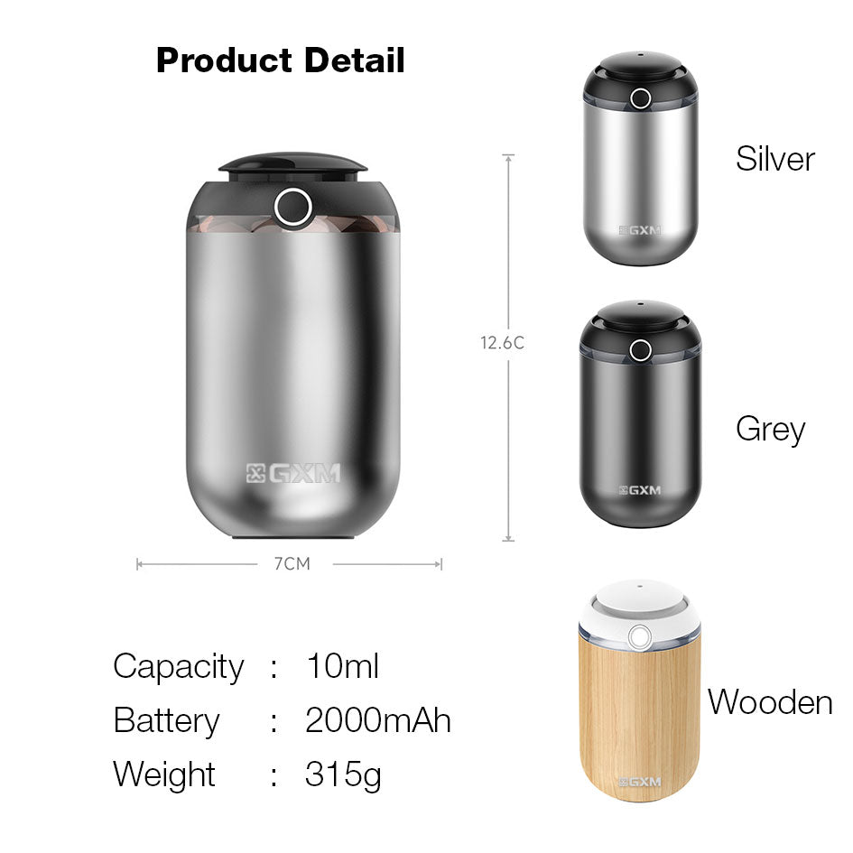 GXM Cordless Car Essential Oil Aroma Diffuser Waterless Smart Ai Vibration Technology Anti-spill Design Car and Home Use
