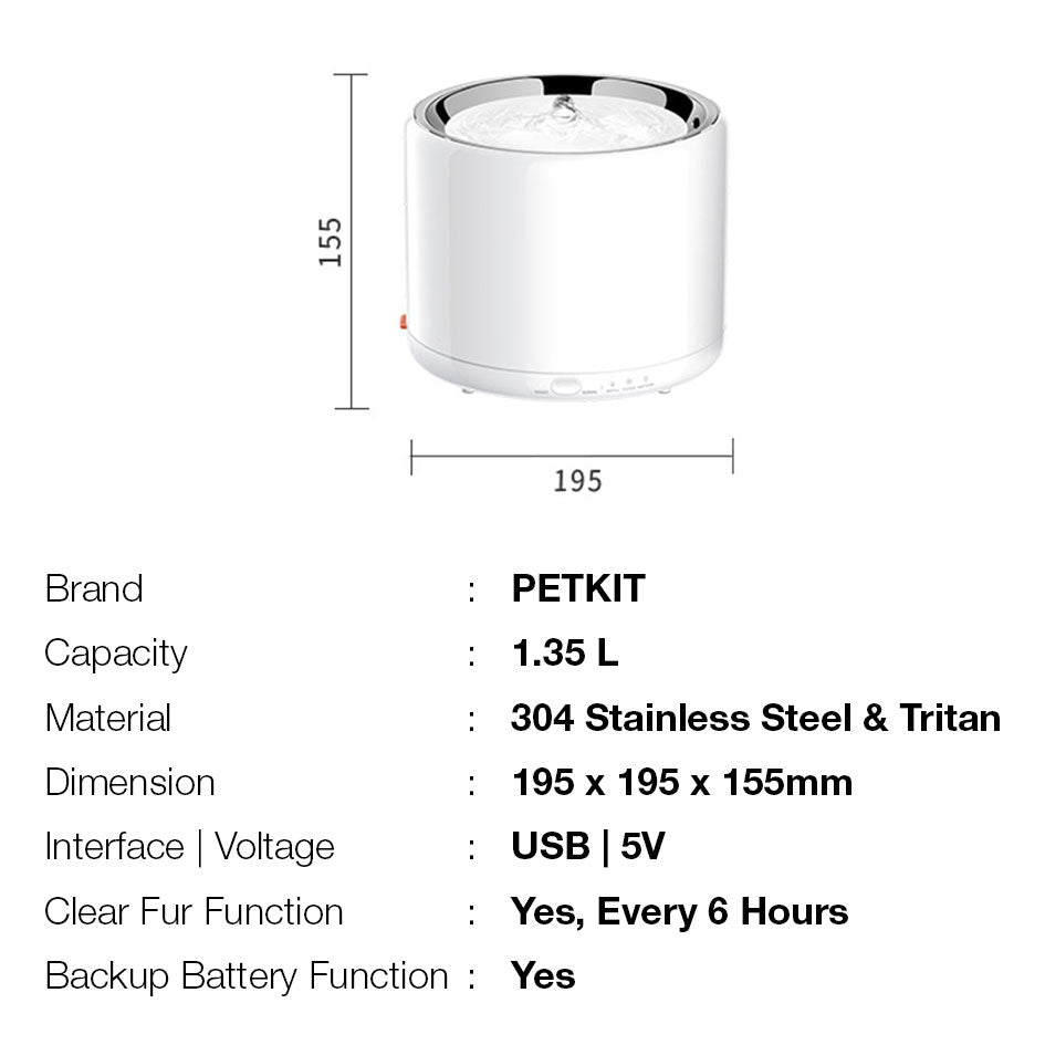 Petkit Pet Smart Water Dispenser Gen 3 1.35L 304 Stainless Steel Inner USB Interface Easy to Wash Low Noise For Dog Cat Eversweet