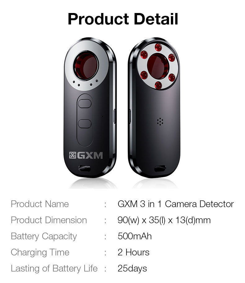 GXM AK400 3 in 1 Camera Detector Detect Hidden Spy Camera Infrared Scan Vibration Sensing Anti-theft Alarm GPS Detector Infrared Multifunctional Pinhole Sound Light Alarm Vibration Sensing Alarm Device