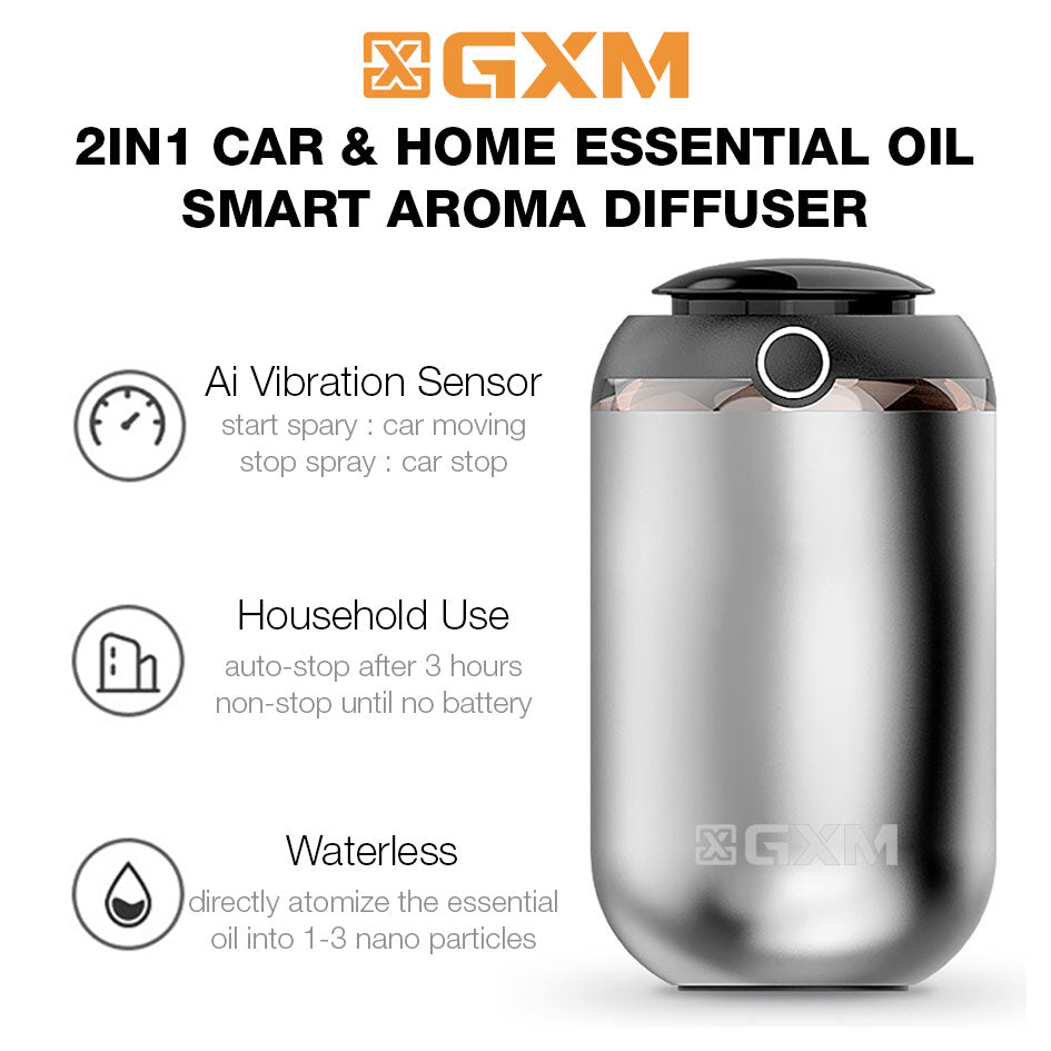 GXM Cordless Car Essential Oil Aroma Diffuser Waterless Smart Ai Vibration Technology Anti-spill Design Car and Home Use