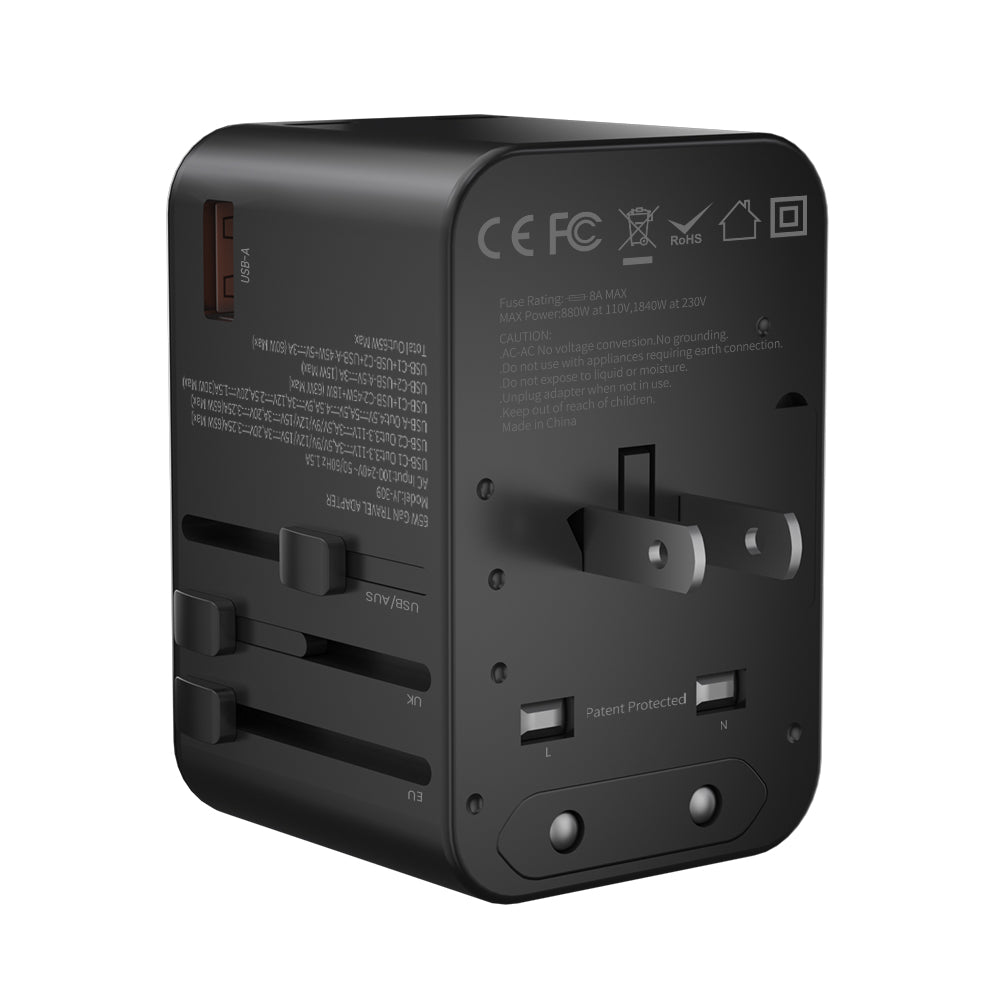 GXM 65W Travel Adapter Fast Charging PD QC Type C USB EU US UK AU Plug Socket Over 150 Countries Universal Travel Power Charger