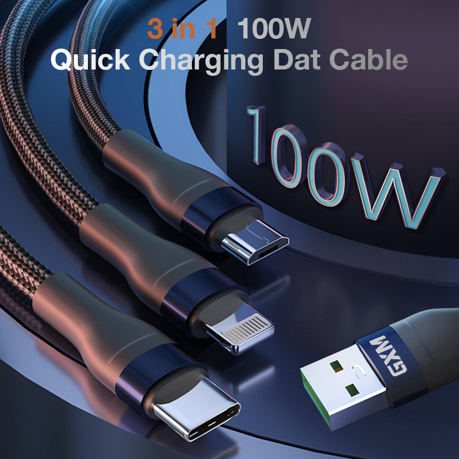 GXM 100W 3 in 1 Quick Charging Data Cable iP Type-C MicroUSB Safety Protection 1.2M Cable Length Triple Simultaneous Charging Cable