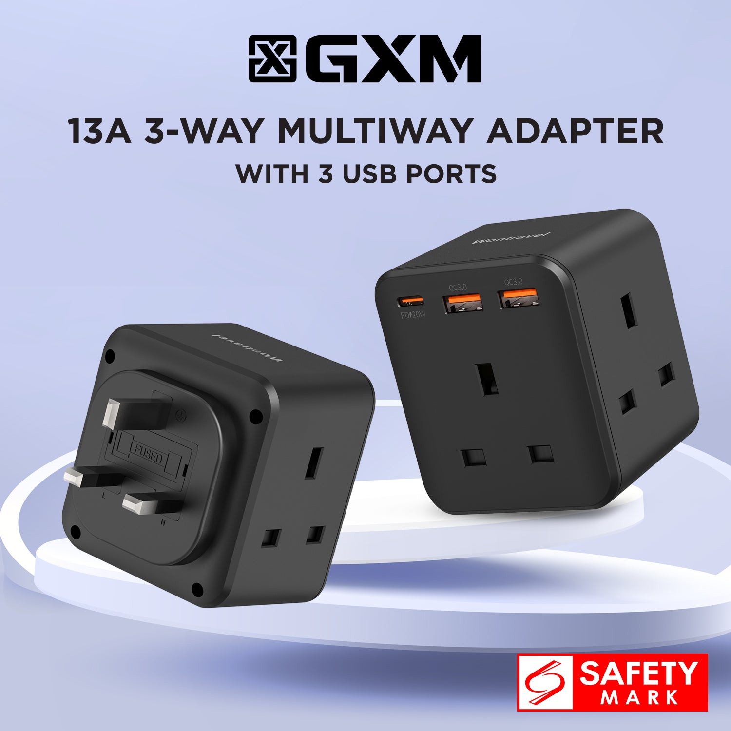 GXM 20W 13A 3-Way Multiway Adapter Wall Charger with 3 USB Ports Type-C USB For iPhone 14 13 12 Pro Max iPad Samsung MA-3W3U Safety Mark