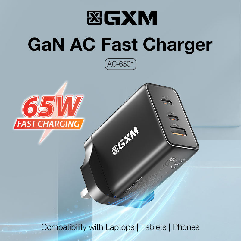 GXM 65W GaN Type C USB C Fast Charger Adapter Safety Mark Wall Charger Laptop MacBook Pro Air Dell XPS iPad Mini Pro iPhone 14 13 12 Pro Max Plus Samsung Galaxy S23 Ultra Huawei Xiaomi OPPO VIVO Charger AC-6501